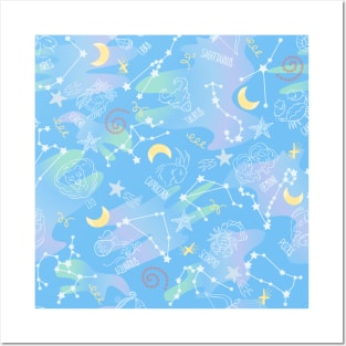 Astrology Zodiac Signs Night Sky Seamless Pattern light blue Posters and Art